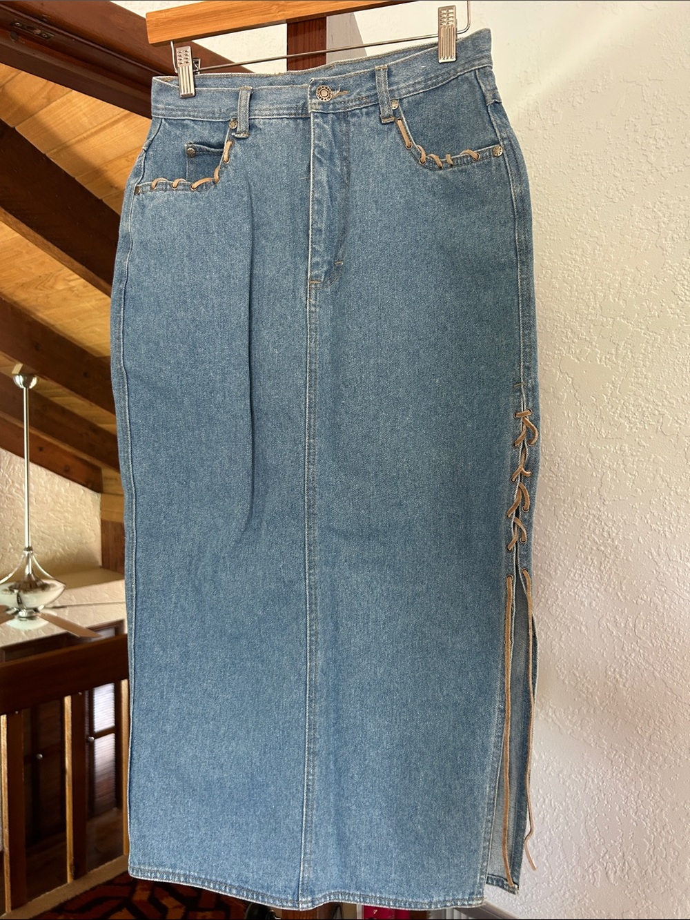 Vtg Baccini Denim Jean Maxi Skirt with side Slit and pockets with leather trim